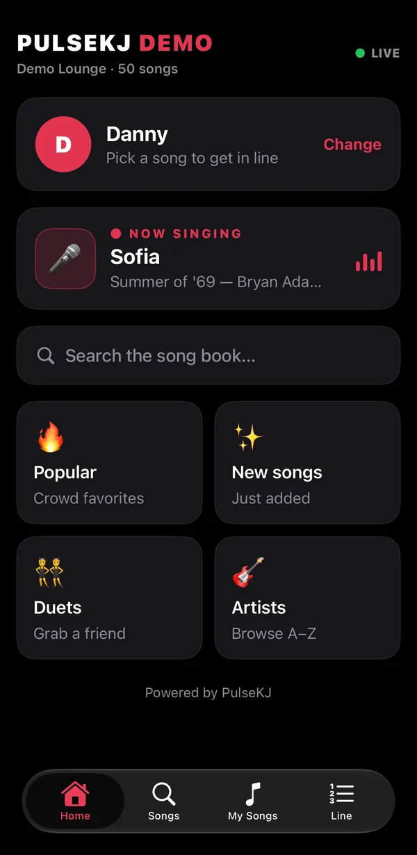 PulseKJ app home screen: who's singing now and your spot in line