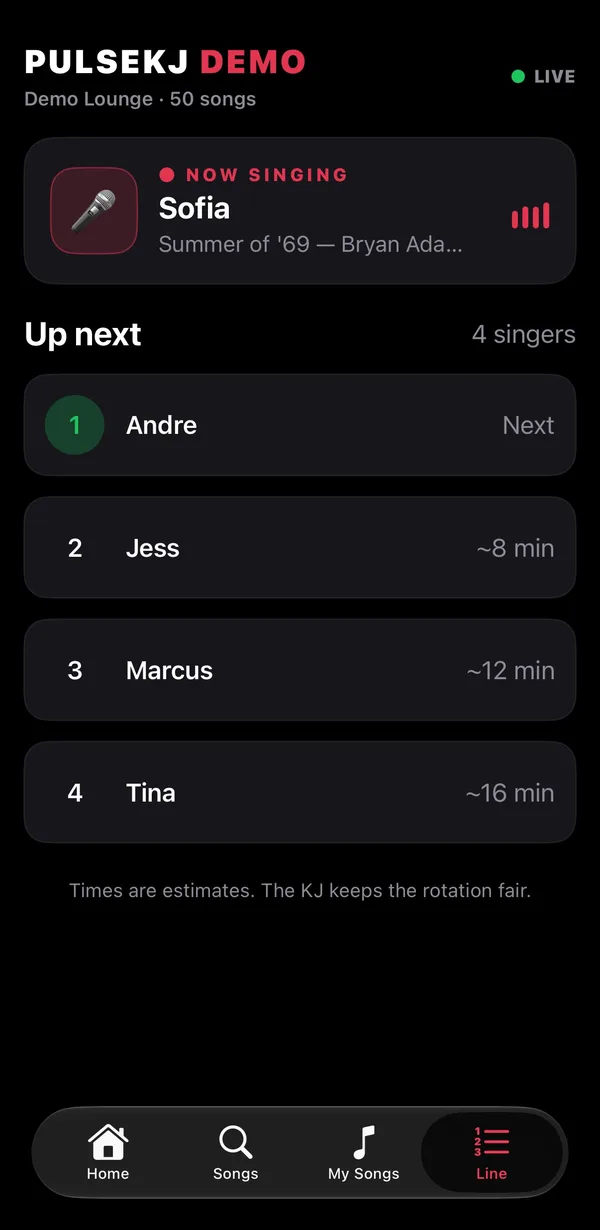 The karaoke line with wait times for every singer